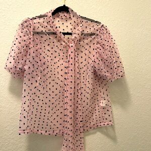 SHEIN Baby Pink Polka Dot Puff Sleeves Top Beck Mesh Top without Bra